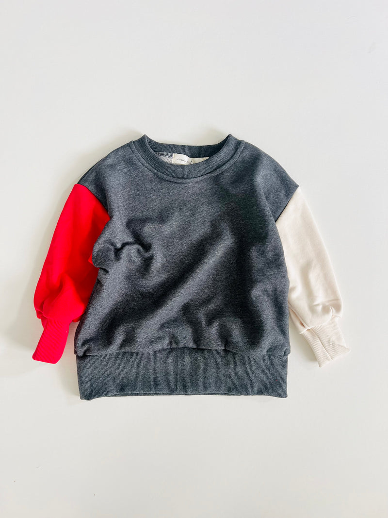 Two Tone Sleeve Pullover - Red + Cream