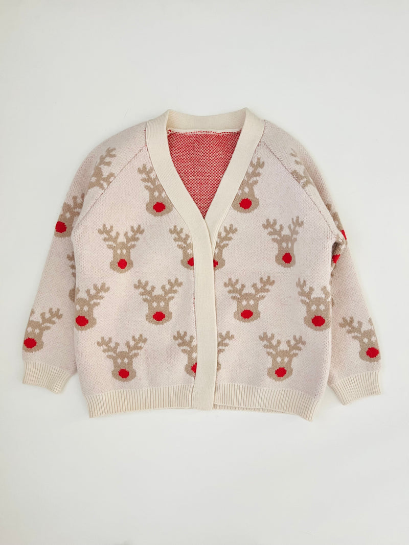 2025 Holiday Cardigan: Non Fuzzy Rudolf